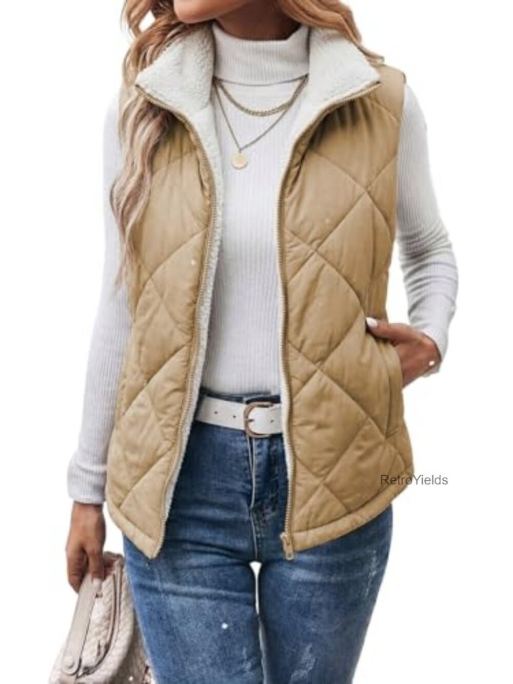 Dokotoo Womens Sherpa Fleece Zip Up Quilted Puffer Vest Stand Collar